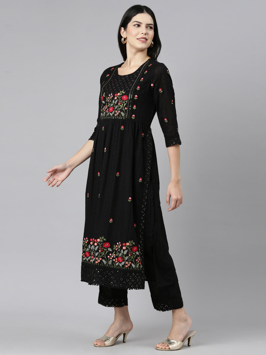 Neerus Black embroidered straight kurta set - back view