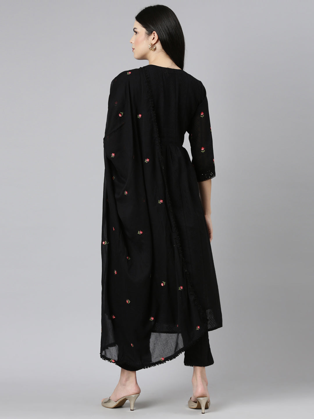 Neerus Black embroidered straight kurta set - side view