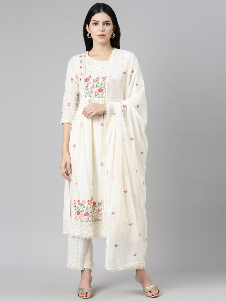 Neerus Beige embroidered straight kurta set - front view