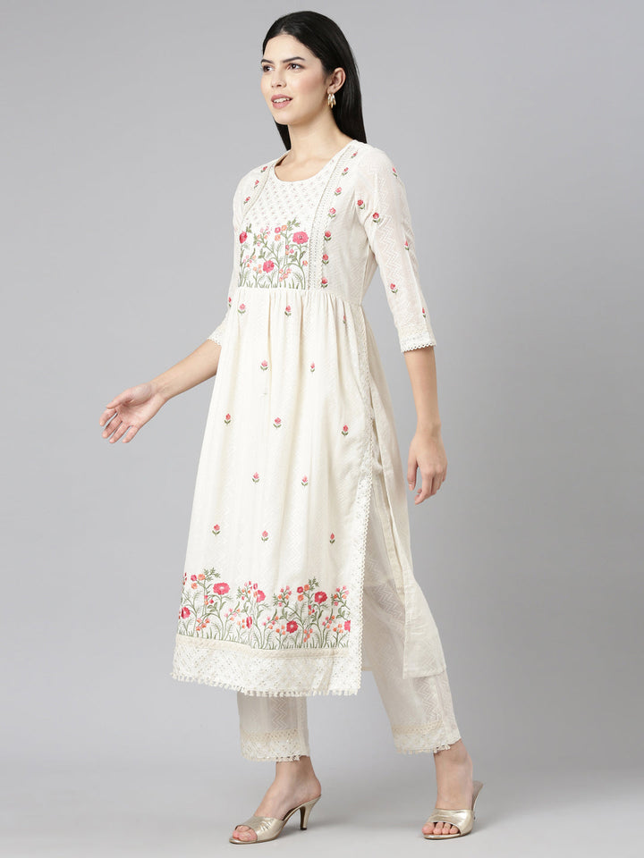 Neerus Beige embroidered straight kurta set - back view