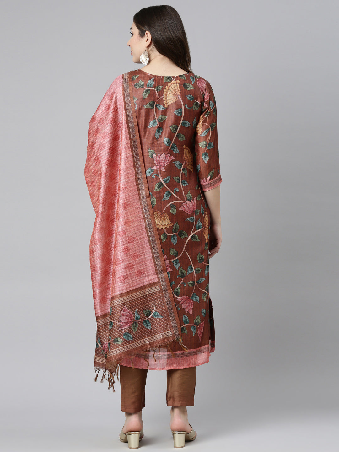 Neerus Orange printed straight kurta set with trouser and dupatta - detail view 2
