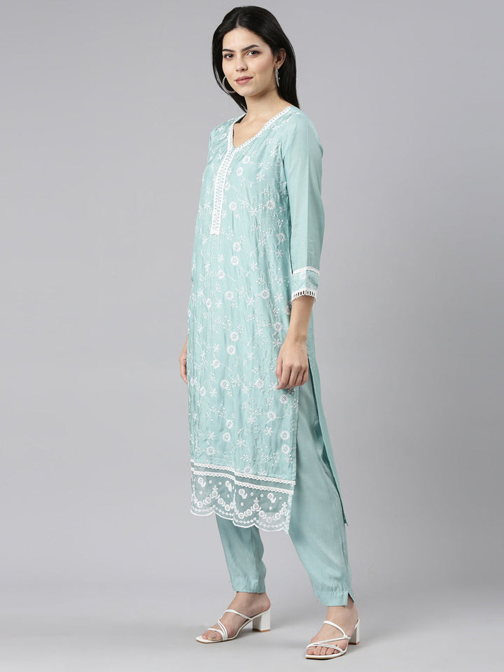 Neerus Blue embroidered straight kurta set with trouser and dupatta - back view