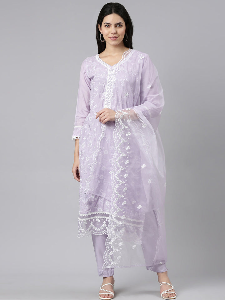 Neerus Purple embroidered straight kurta set with dupatta - front view