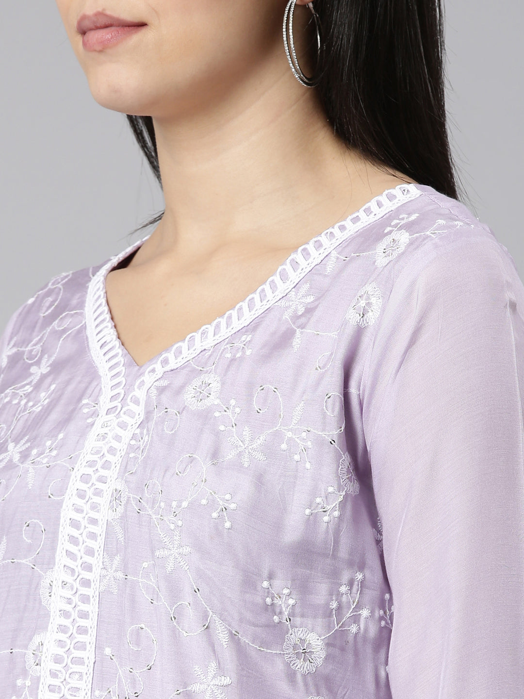 Neerus Purple embroidered straight kurta set with dupatta - detail view 1
