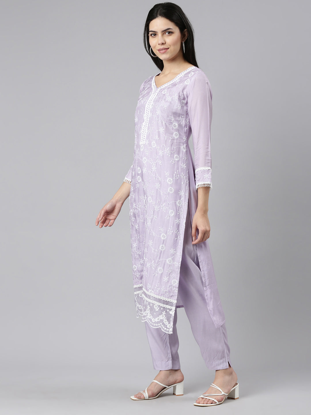 Neerus Purple embroidered straight kurta set with dupatta - back view