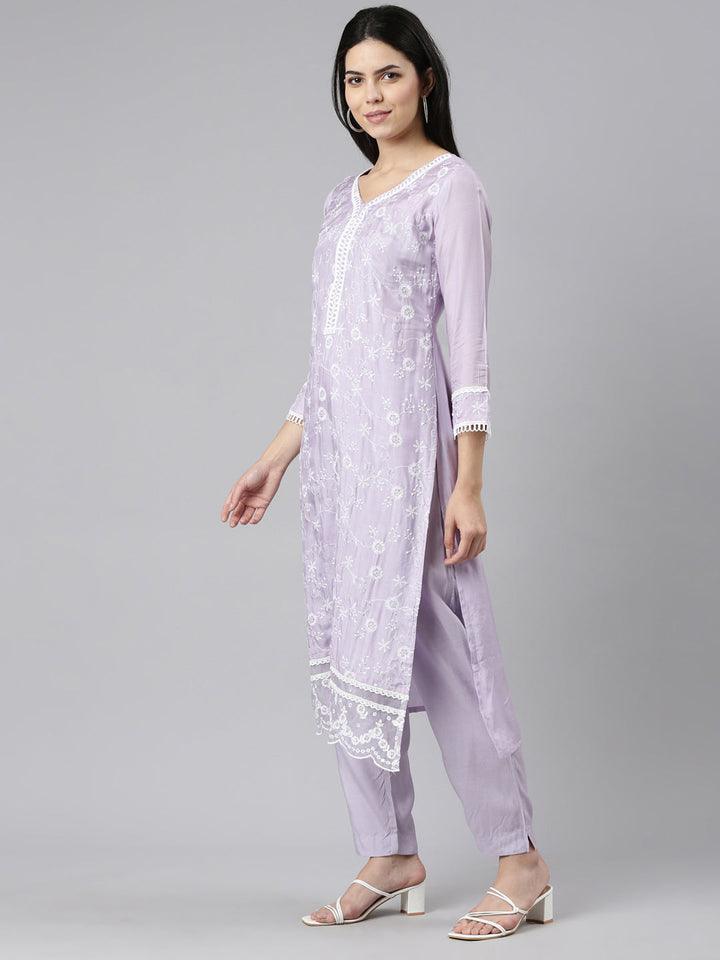 Neerus Purple embroidered straight kurta set with dupatta - back view