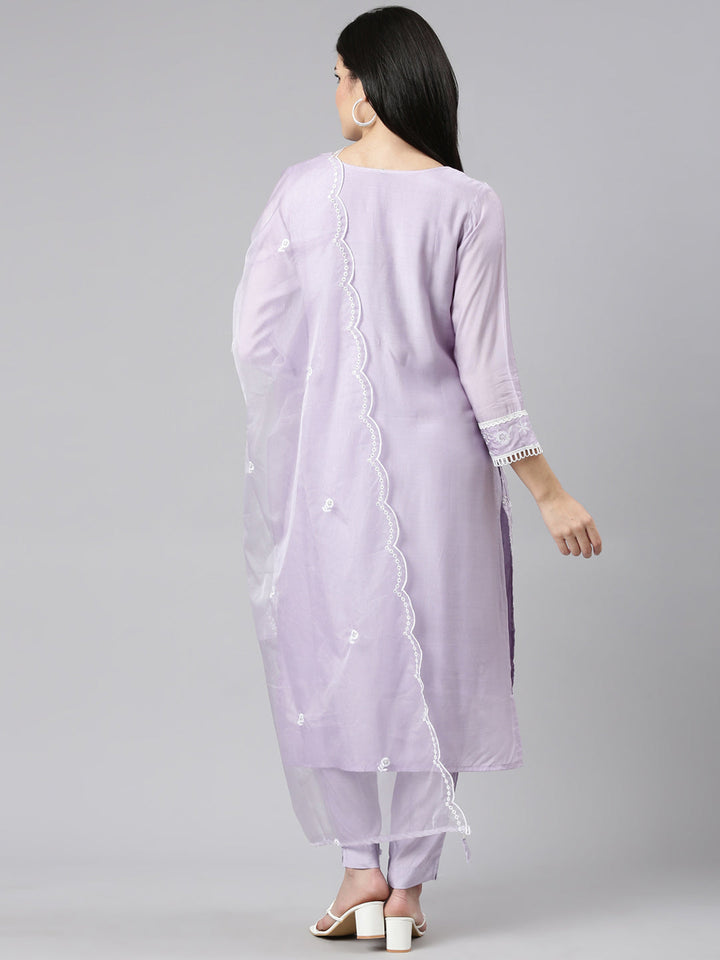 Neerus Purple embroidered straight kurta set with dupatta - side view
