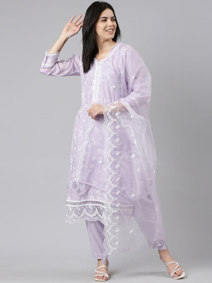 Neerus Purple embroidered straight kurta set with dupatta - detail view 2