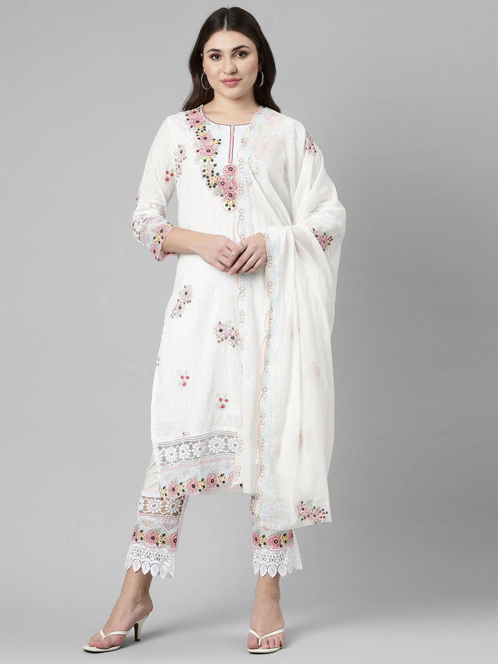 Neerus Beige embroidered straight kurta set - front view