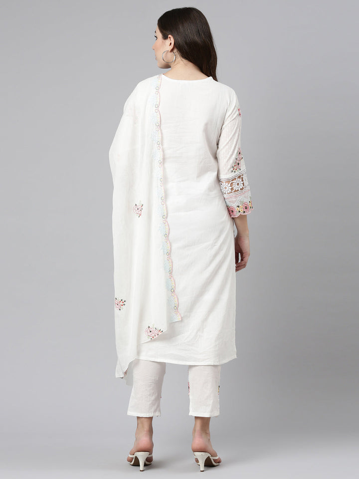 Neerus Beige embroidered straight kurta set - side view