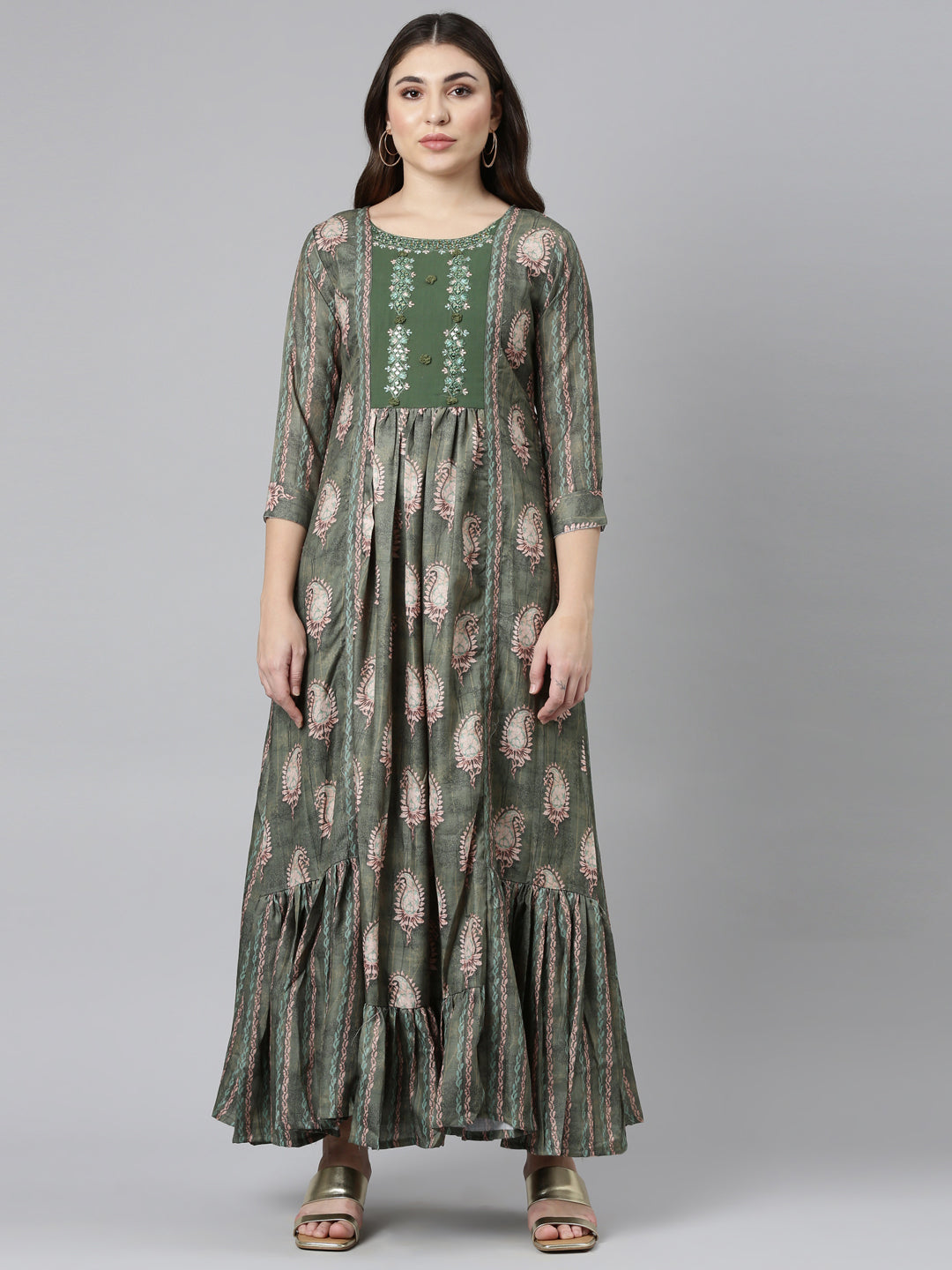 Neerus Green printed flared dress - front view
