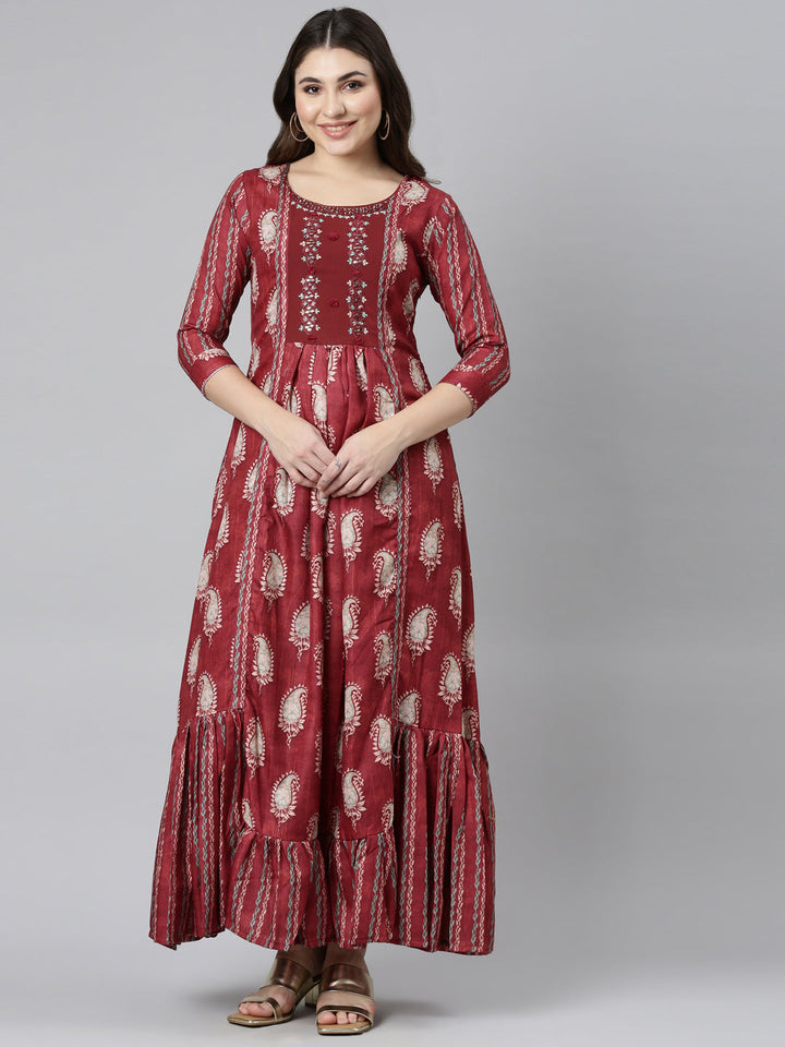 Neerus Maroon Flared Casual Printed Dress