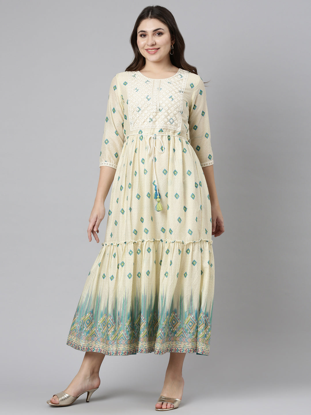 Neerus Green printed straight dress - front view