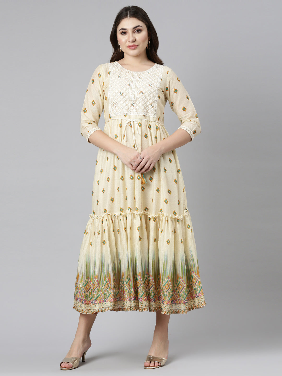 Neerus Yellow printed straight dress - front view