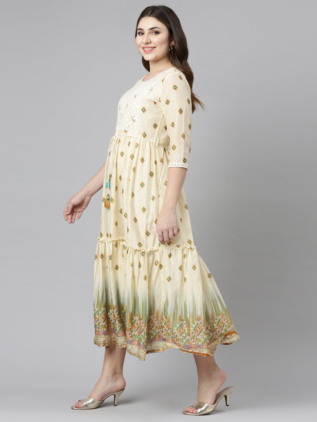 Neerus Yellow printed straight dress - back view