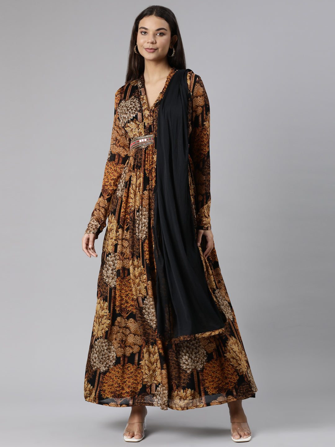 Neerus Gold printed floral flared dress - front view