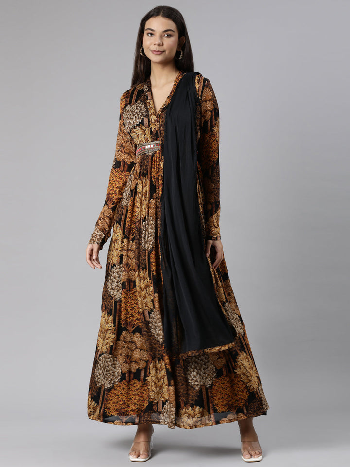 Neerus Gold printed floral flared dress - front view
