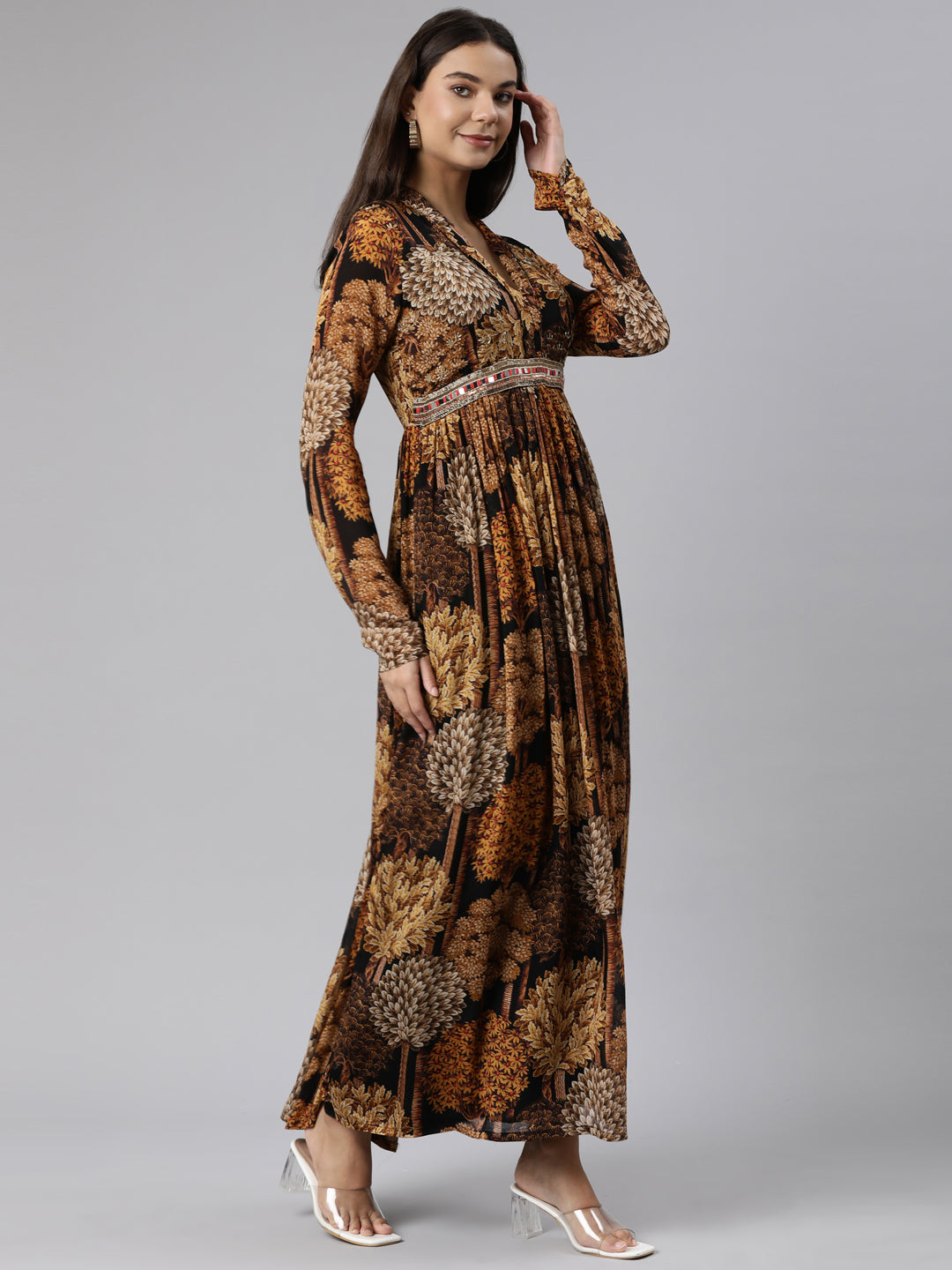 Neerus Gold printed floral flared dress - back view