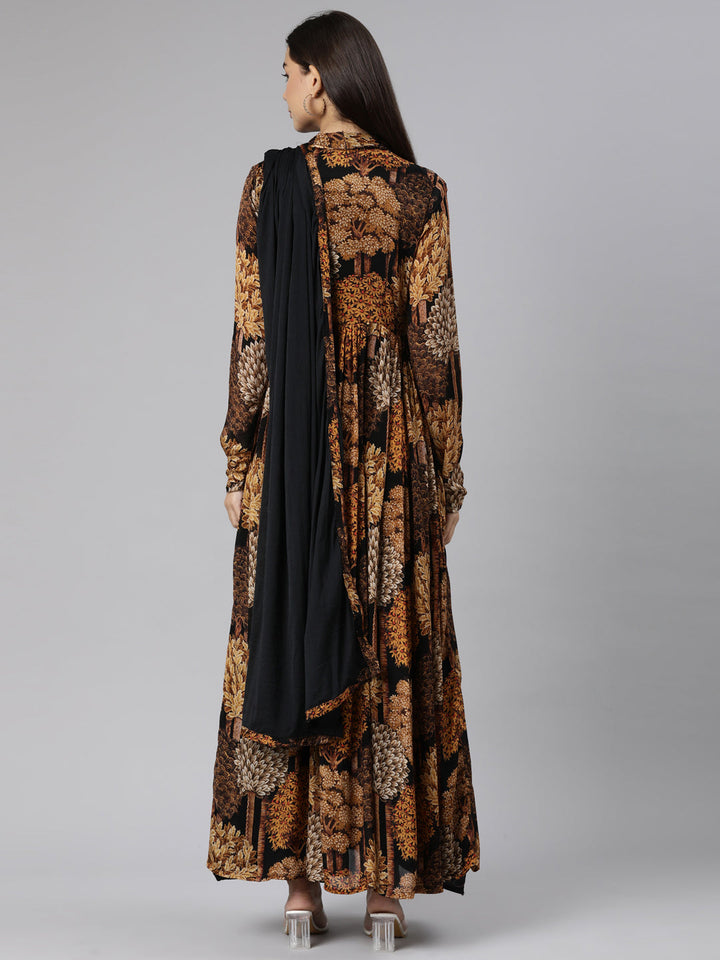 Neerus Gold printed floral flared dress - side view