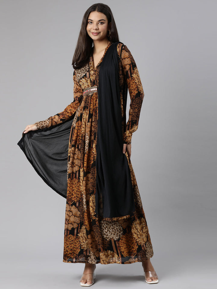 Neerus Gold printed floral flared dress - detail view 2