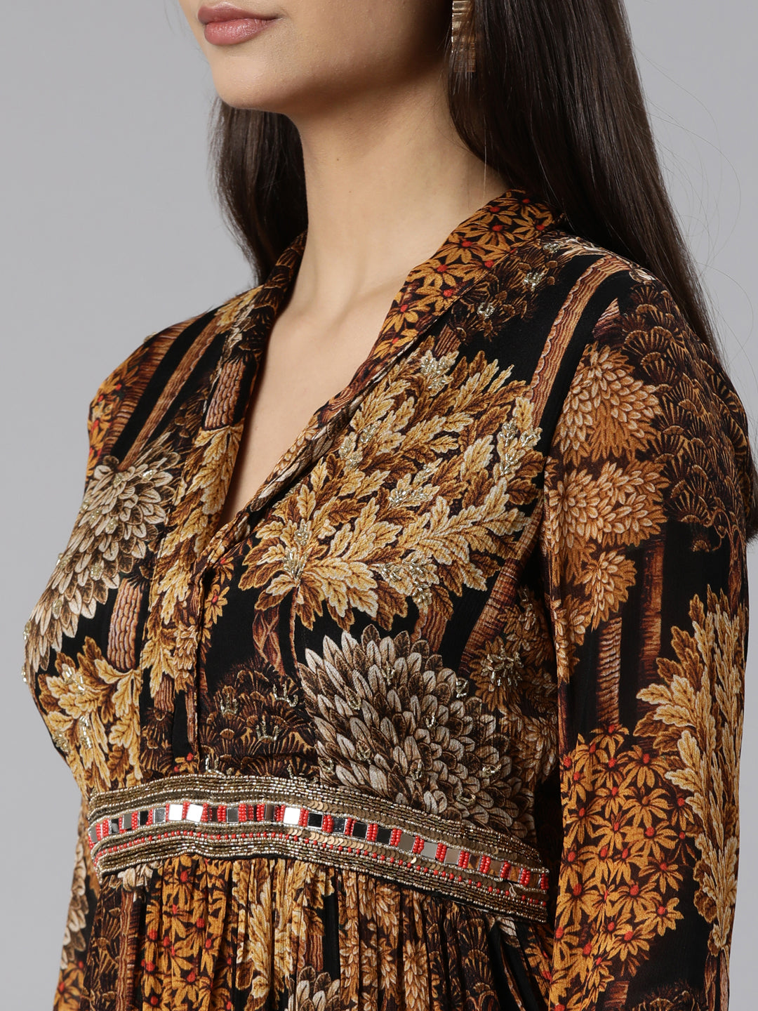 Neerus Gold printed floral flared dress - detail view 1