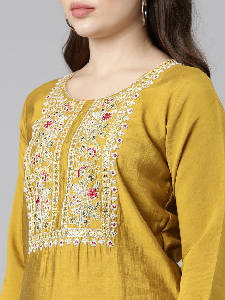 Neerus Yellow straight solid kurta set with trouser and dupatta - detail view 1