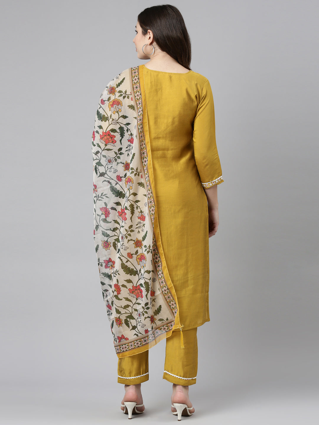 Neerus Yellow straight solid kurta set with trouser and dupatta - side view