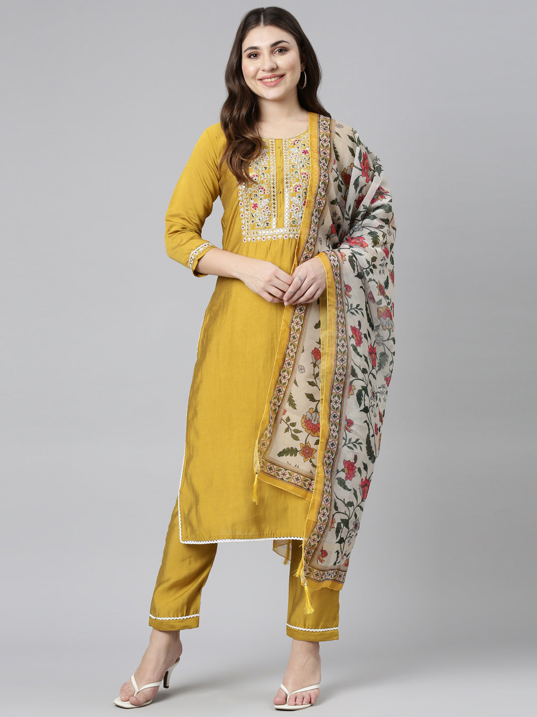 Neerus Yellow straight solid kurta set with trouser and dupatta - detail view 2
