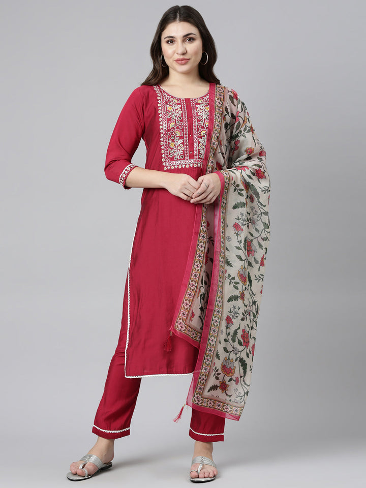 Neerus Pink solid straight kurta set with trouser and dupatta - front view