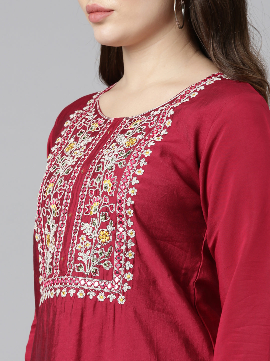 Neerus Pink solid straight kurta set with trouser and dupatta - detail view 1