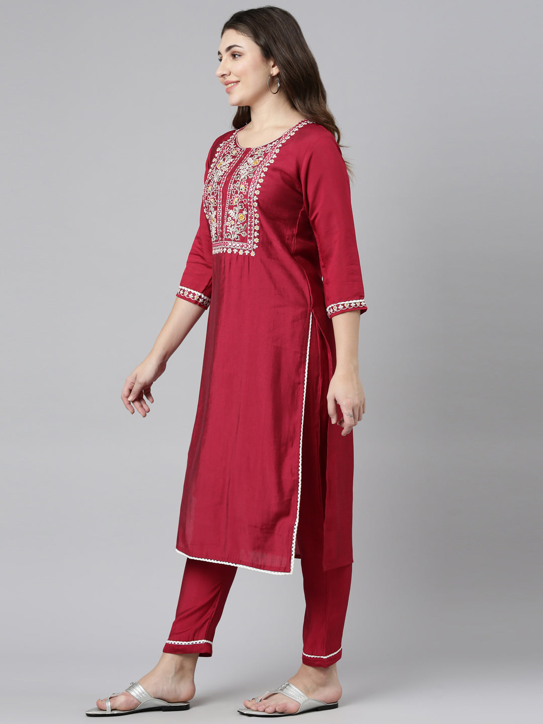 Neerus Pink solid straight kurta set with trouser and dupatta - back view