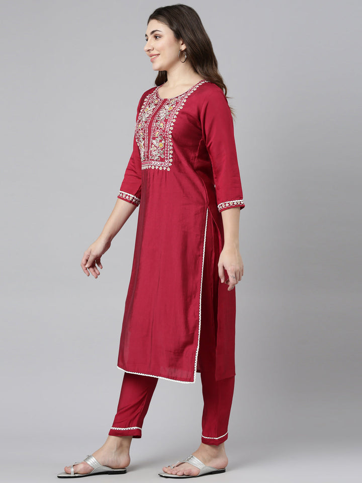 Neerus Pink solid straight kurta set with trouser and dupatta - back view