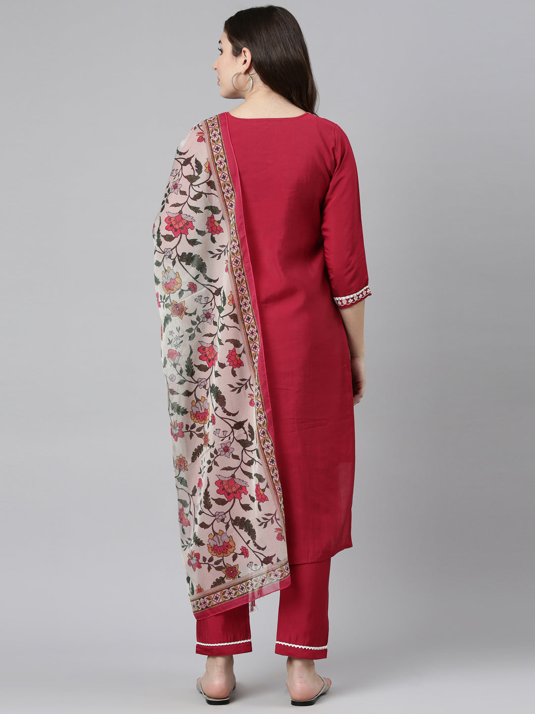 Neerus Pink solid straight kurta set with trouser and dupatta - side view