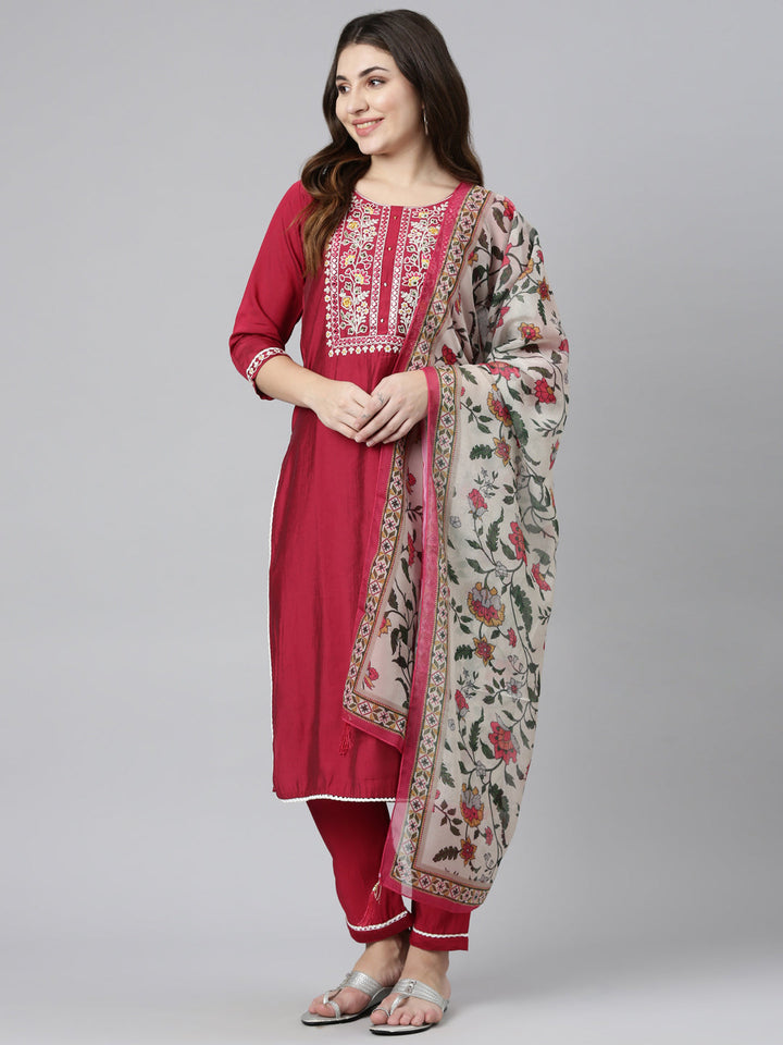 Neerus Pink solid straight kurta set with trouser and dupatta - detail view 2