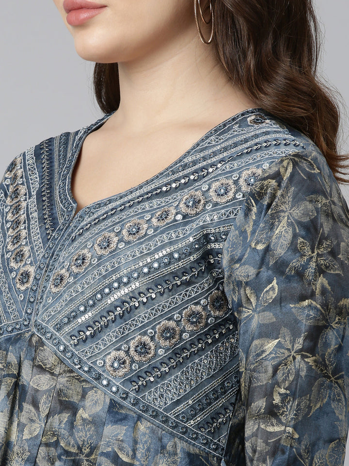 Neerus Blue printed straight kurta set with dupatta - detail view 1