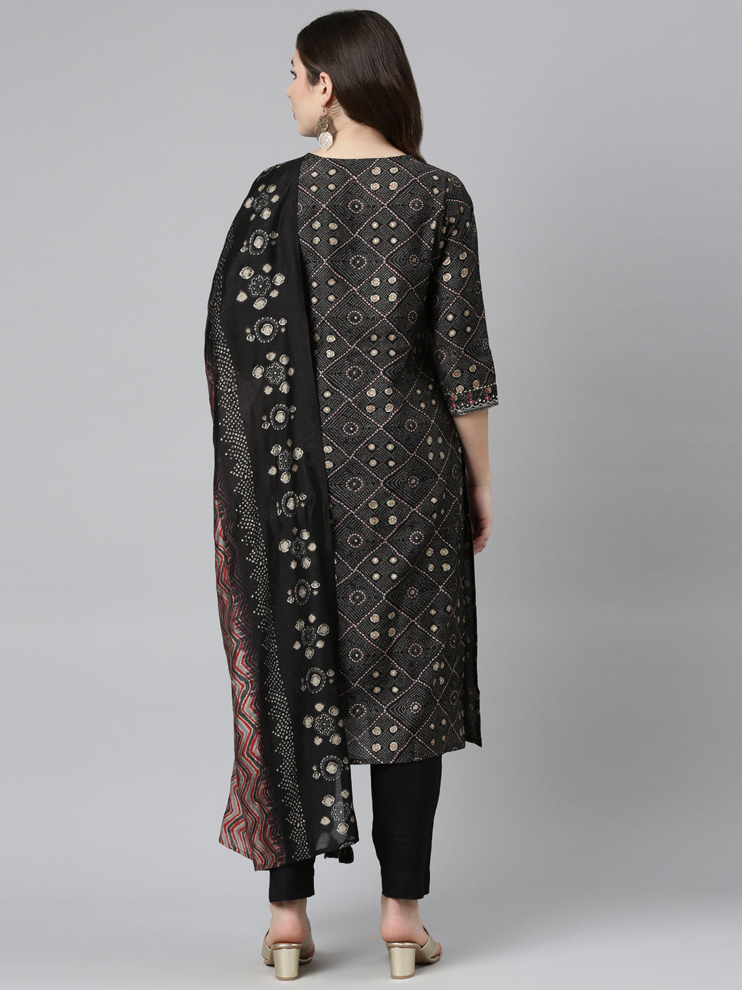 Neerus Black printed straight kurta set with trouser and dupatta - side view