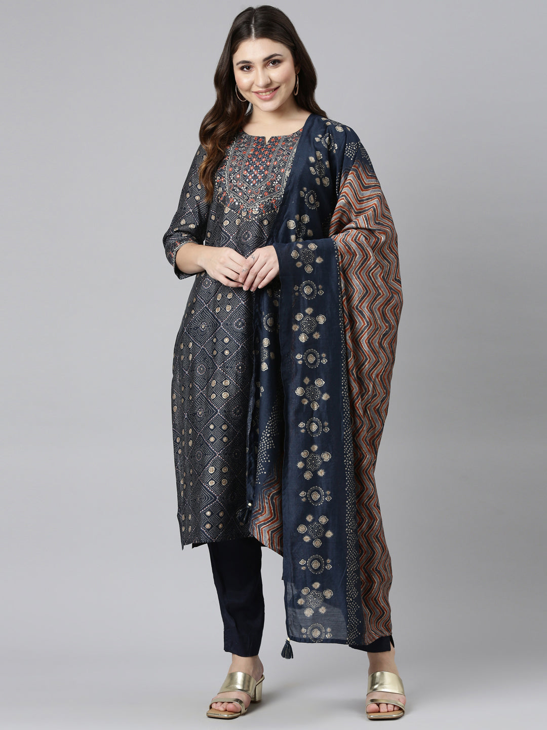 Neerus Blue printed straight kurta set with trouser and dupatta - front view