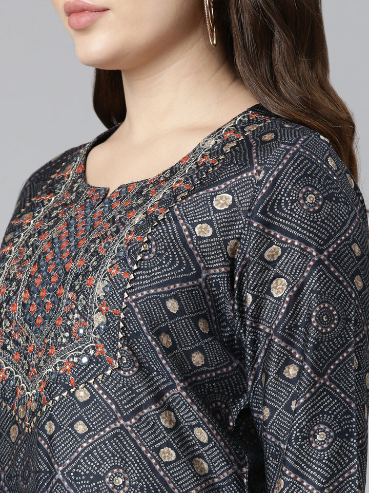 Neerus Blue printed straight kurta set with trouser and dupatta - detail view 1