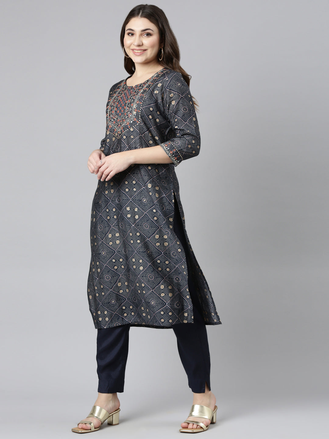 Neerus Blue printed straight kurta set with trouser and dupatta - back view
