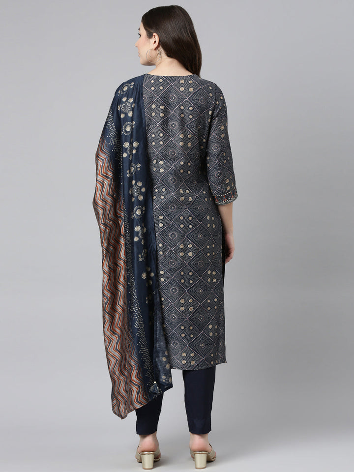 Neerus Blue printed straight kurta set with trouser and dupatta - side view