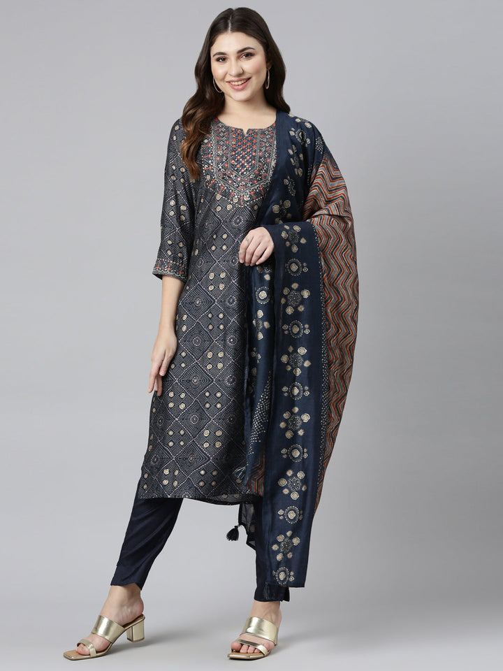 Neerus Blue printed straight kurta set with trouser and dupatta - detail view 2
