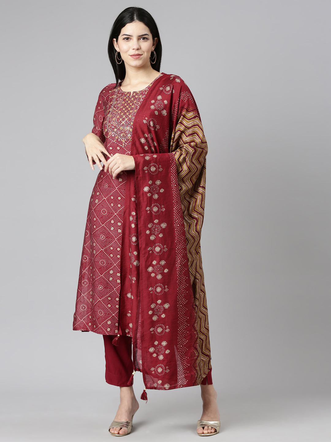 Neerus Purple printed straight kurta set with dupatta - front view