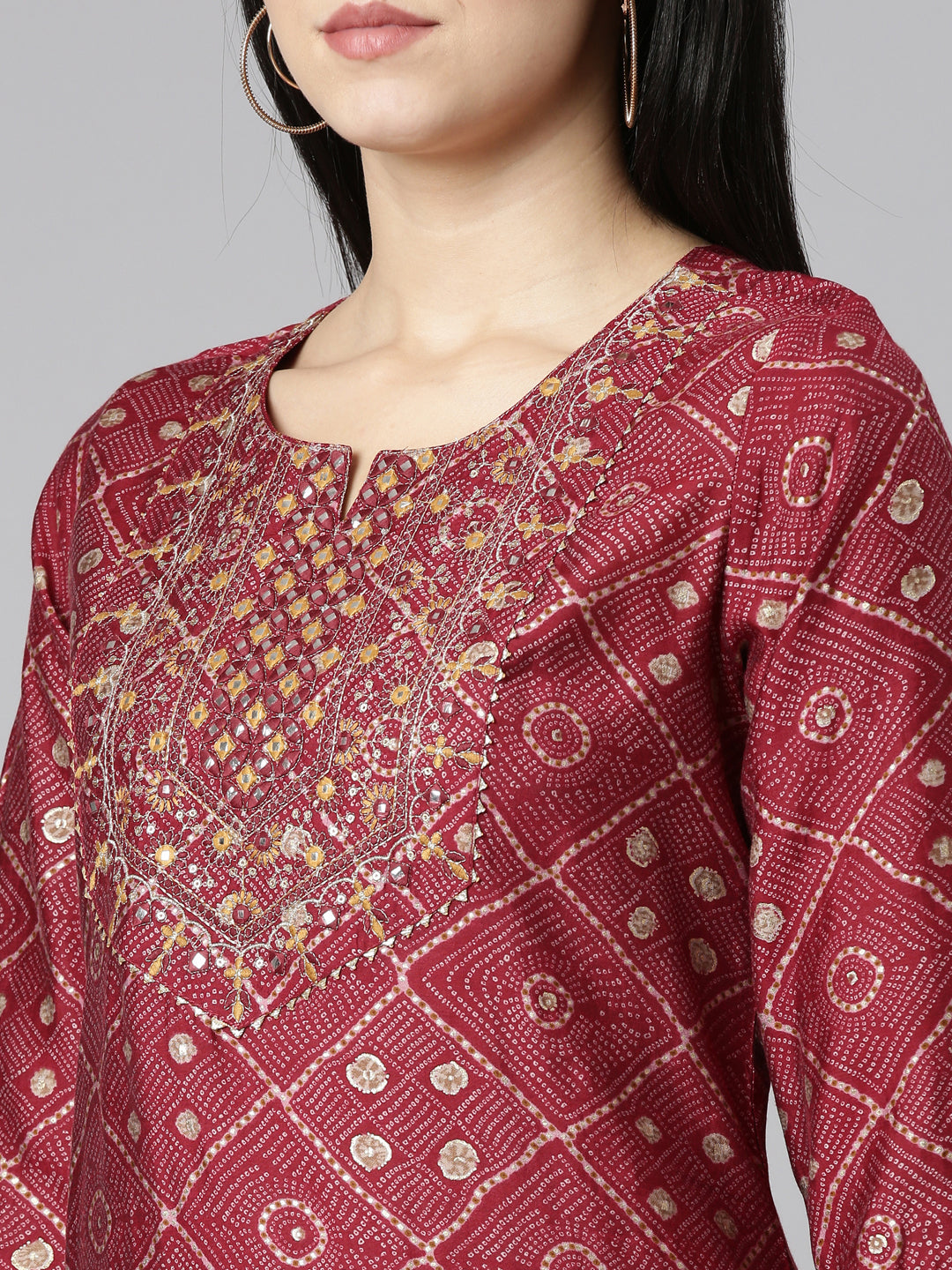 Neerus Purple printed straight kurta set with dupatta - detail view 1