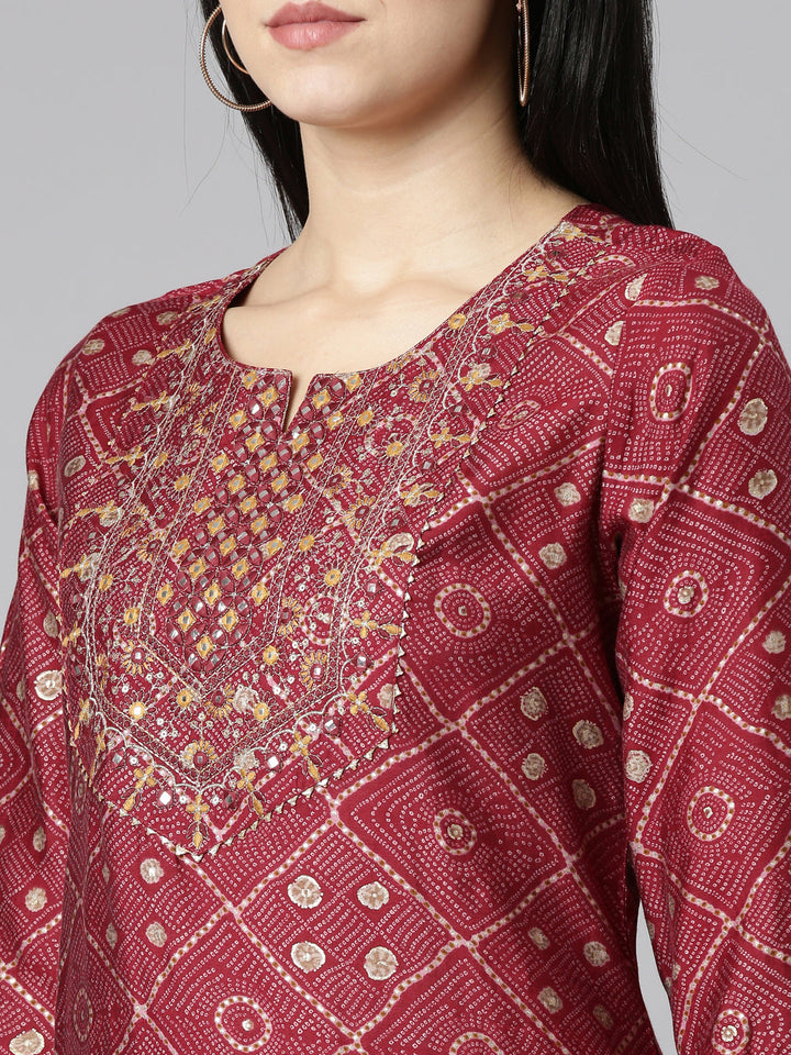 Neerus Purple printed straight kurta set with dupatta - detail view 1
