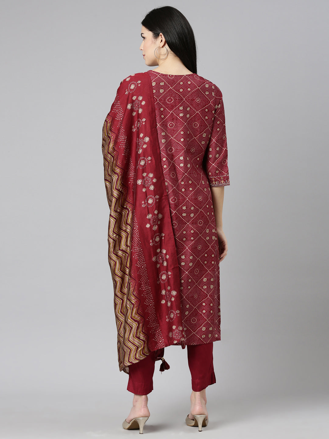 Neerus Purple printed straight kurta set with dupatta - side view