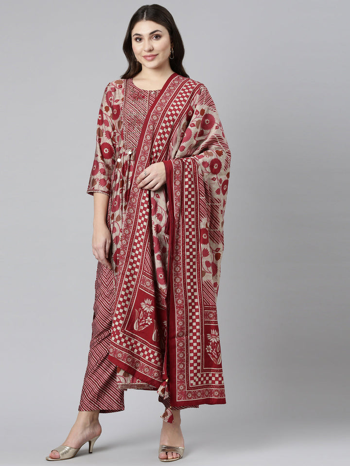 Neerus Maroon printed straight suit set - front view