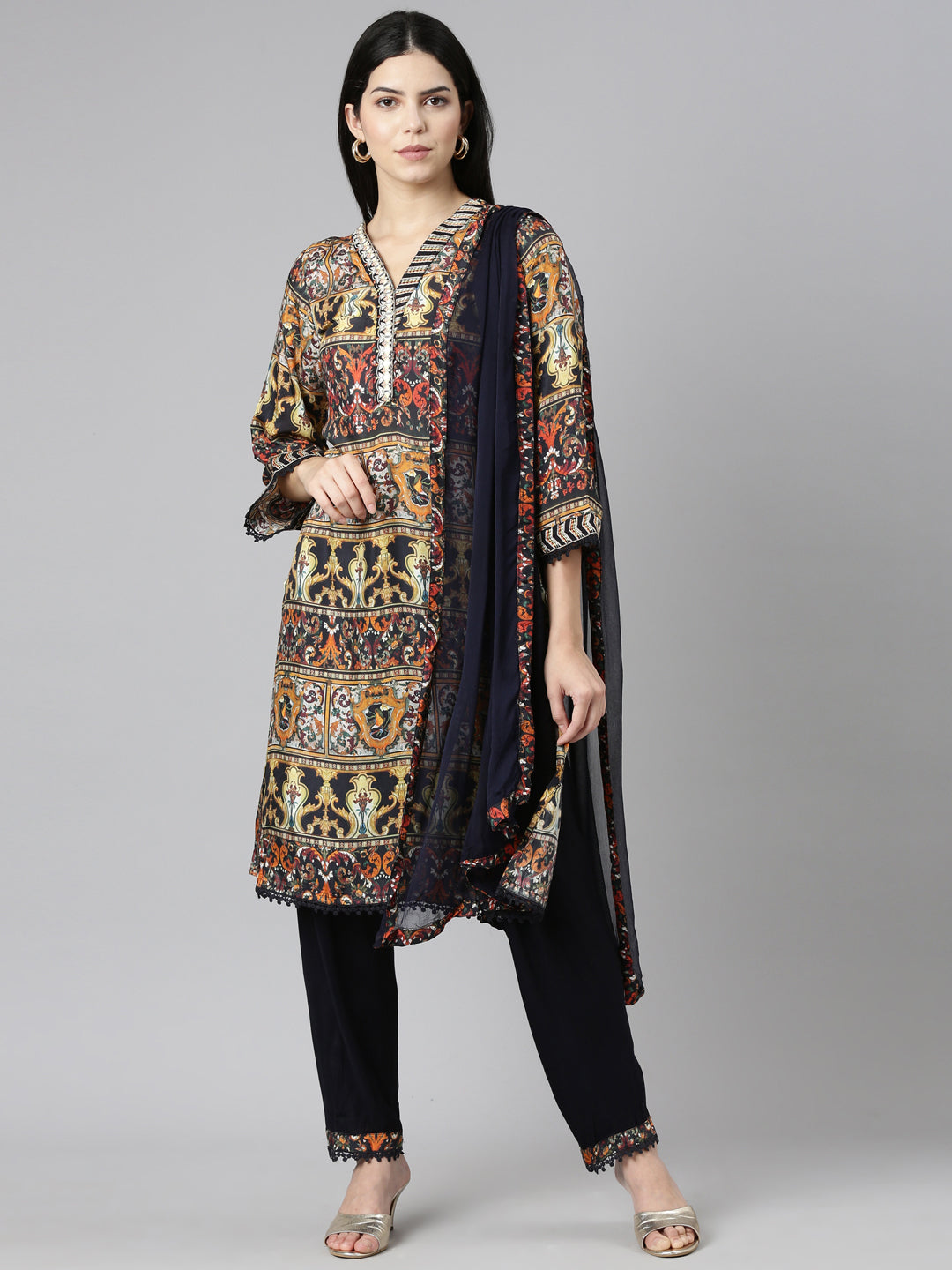 Neerus Multi printed straight kurta set with trouser and dupatta - front view