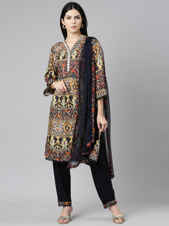 Neerus Multi printed straight kurta set with trouser and dupatta - front view