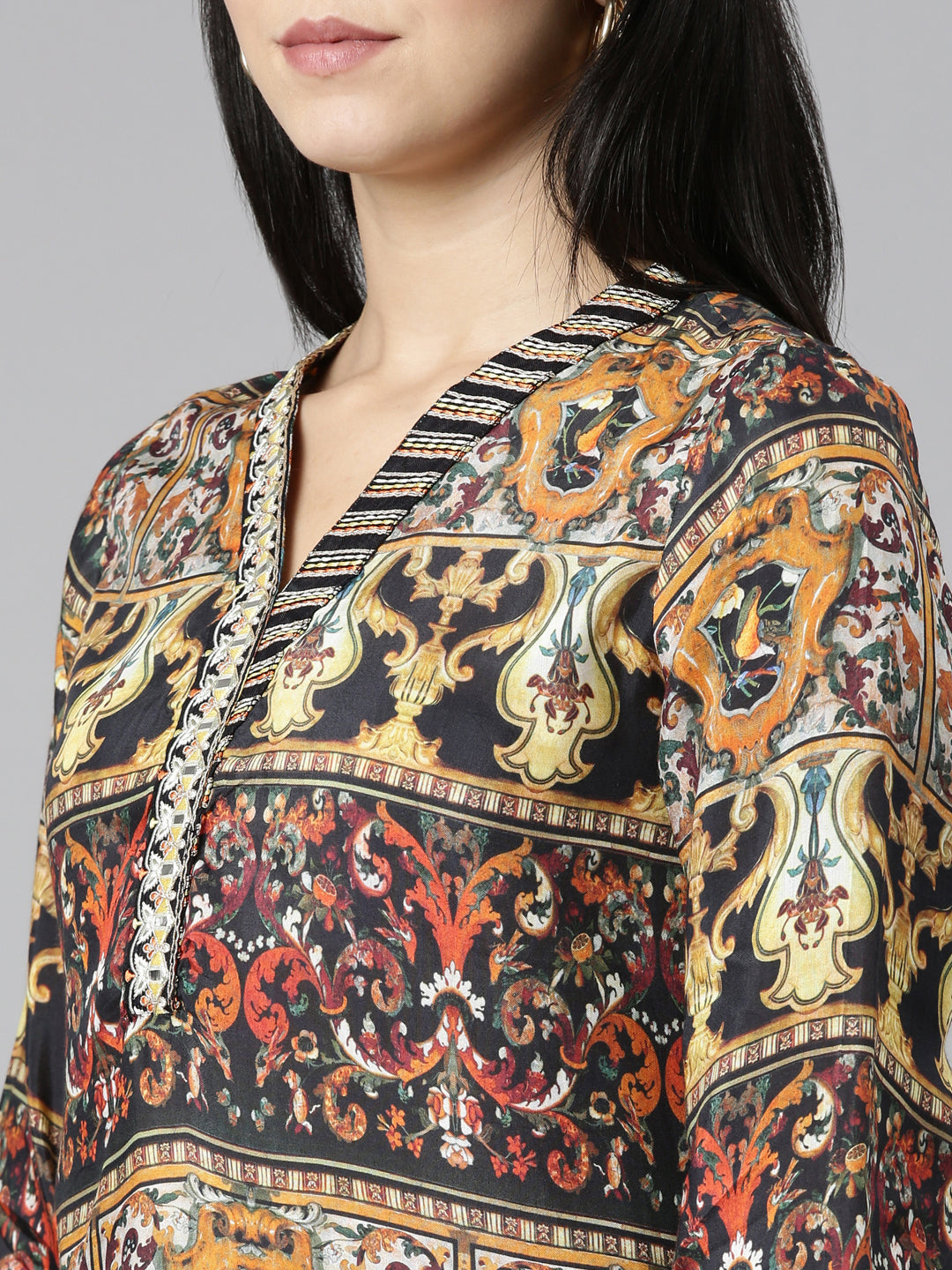 Neerus Multi printed straight kurta set with trouser and dupatta - detail view 1