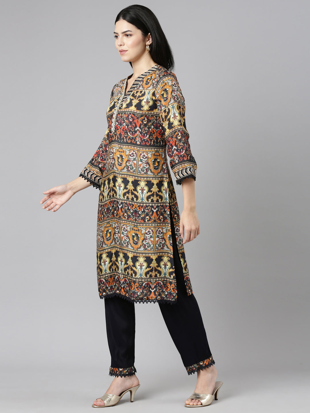 Neerus Multi printed straight kurta set with trouser and dupatta - back view